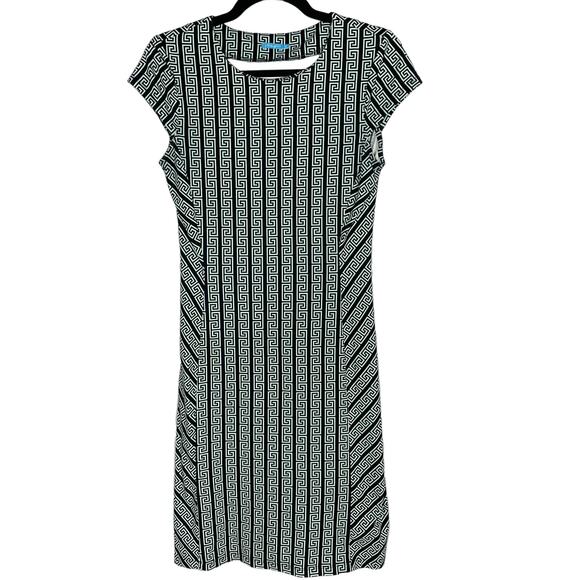 J McLaughlin XS Green Black Greek Key Sheath Dress Short Sleeve Catalina Cloth - Picture 1 of 8